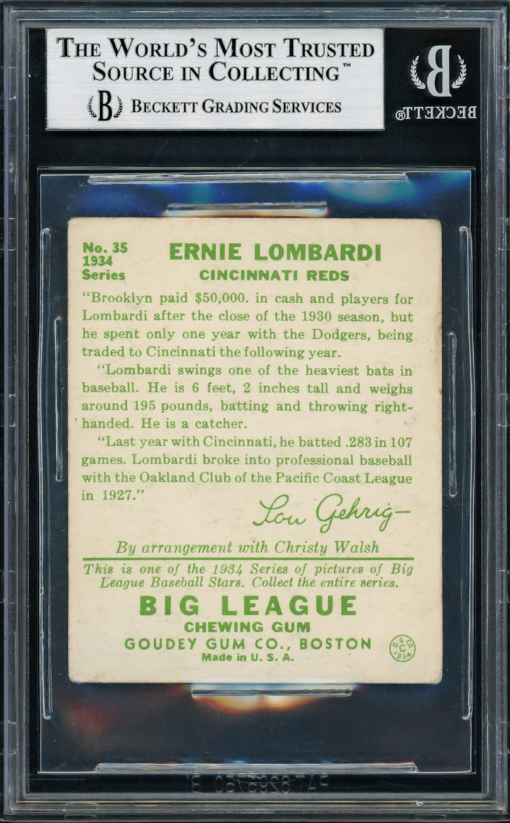 Ernie Lombardi Signed 1934 Goudey RC 35 Cincinnati Reds Beckett #13889678