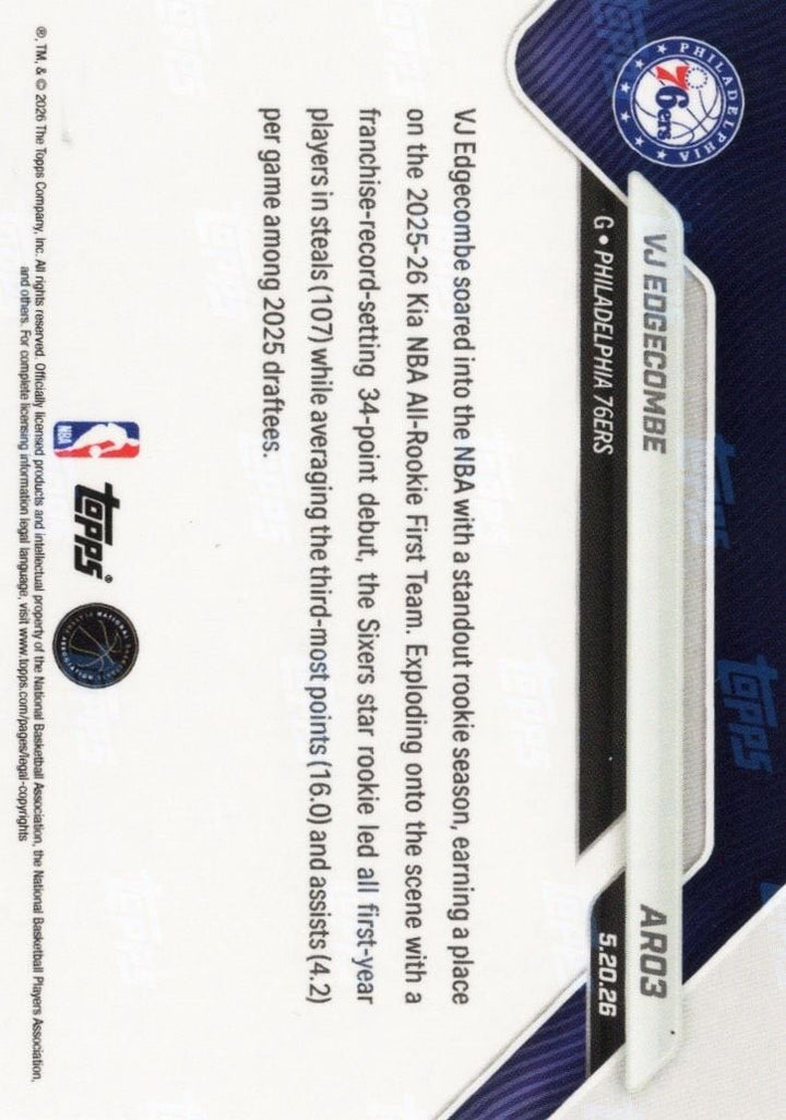 2025 Topps Now VJ Edgecombe #AR03 Gold Foil /50 Rookie RC Basketball Card