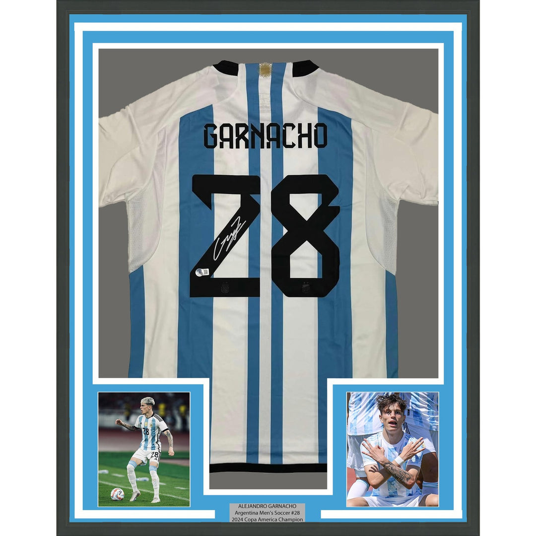 Framed Signed Alejandro Garnacho 35x39 Argentina Blue Jersey COA