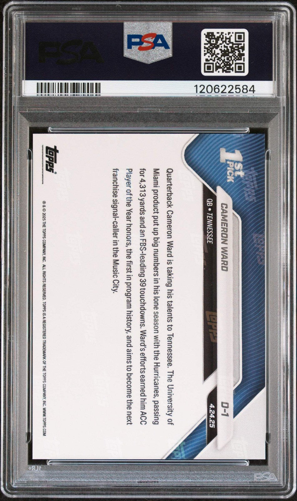 Graded 2025 Topps Now Cam Ward #D1 Black Foil /10 Rookie RC Football Card PSA 9