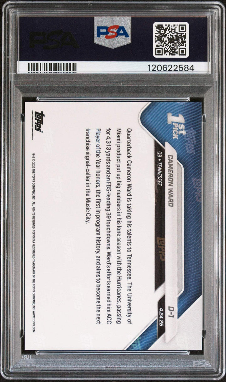 Graded 2025 Topps Now Cam Ward #D1 Black Foil /10 Rookie RC Football Card PSA 9