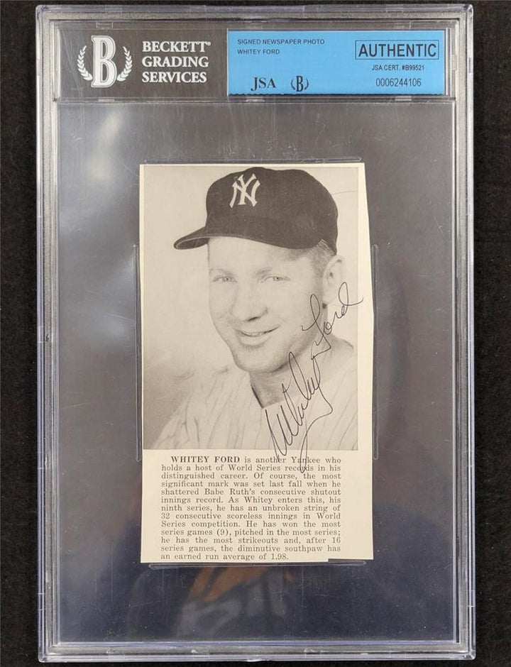 Whitey Ford signed New York Yankees 3.5x5.5 newspaper photo autograph ~ Beckett
