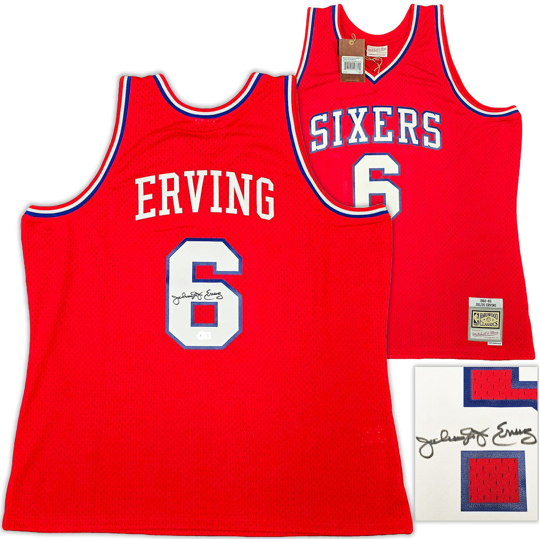 76ers Julius Dr J Erving Auto Red Auth Mitchell Ness 82 Swingman Jersey 2X BAS