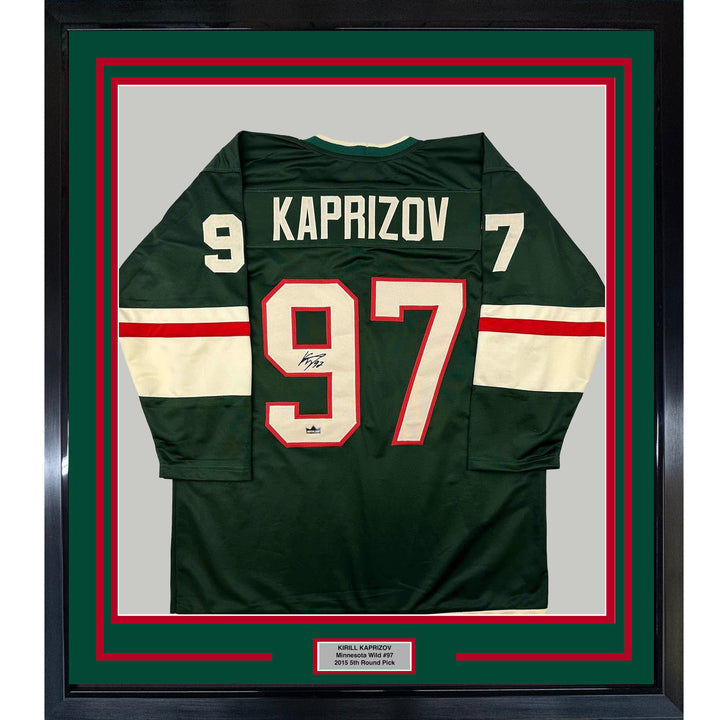 Framed Facsimile Autographed Kirill Kaprizov 33x42 Green Reprint Auto Jersey