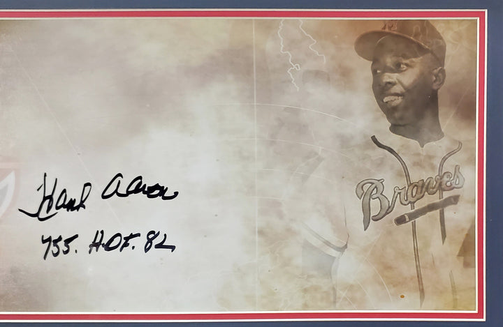 Hank Aaron Signed Framed 10x30 Panoramic Photo Braves "755 HOF 82" Fanatics