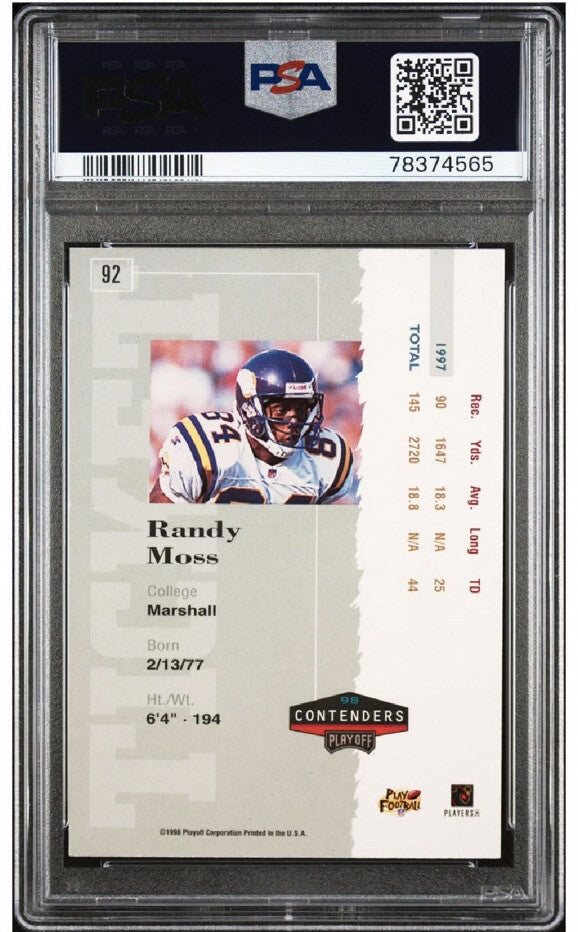 1998 Playoff Contenders Randy Moss ROOKIE RC #92 PSA 7 Auto RARE Vikings Hof