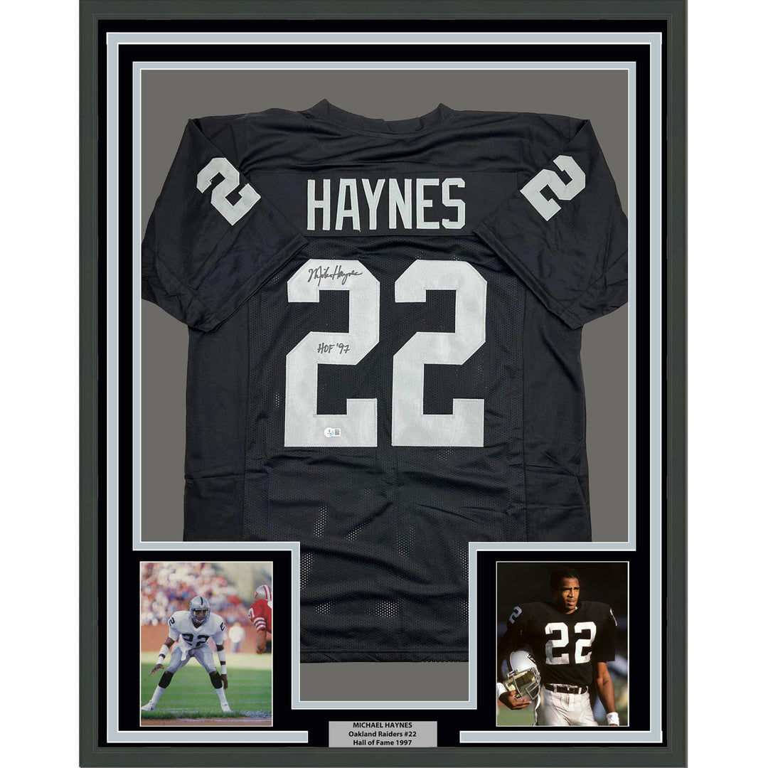 Framed Autographed/Signed Michael Haynes 35x39 HOF Oakland Black Jersey BAS COA