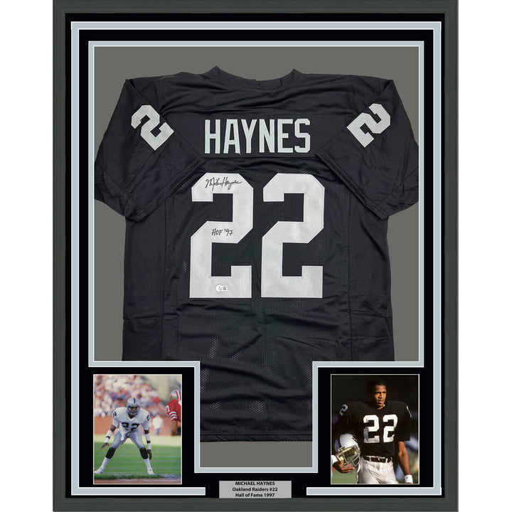 Framed Autographed/Signed Michael Haynes 35x39 HOF Oakland Black Jersey BAS COA