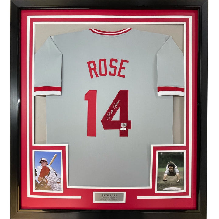 Framed Autographed/Signed Pete Rose 33x42 Cincinnati Grey Jersey JSA COA