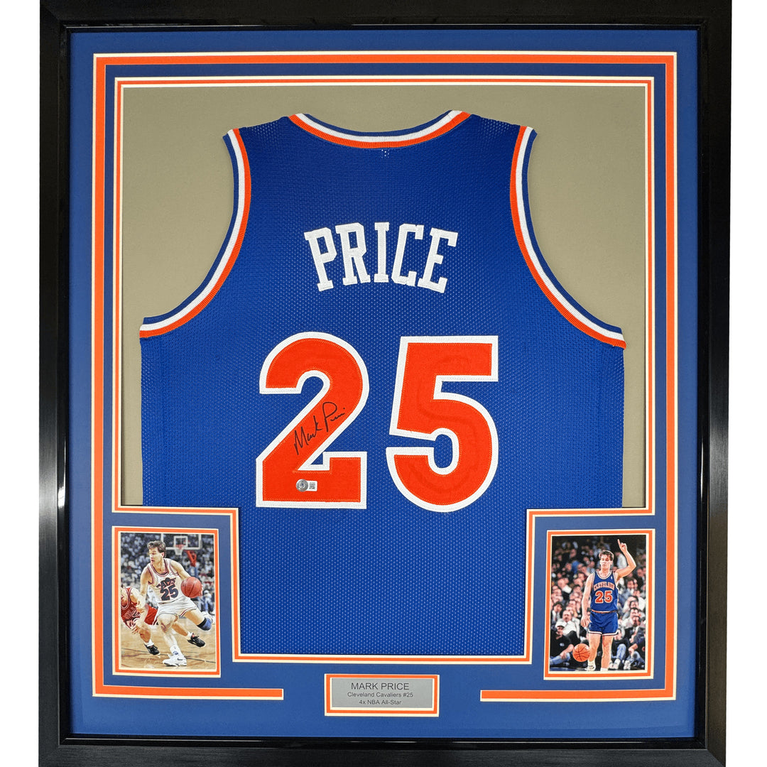 Framed Autographed/Signed Mark Price 35x39 Cleveland Blue Jersey PSA COA