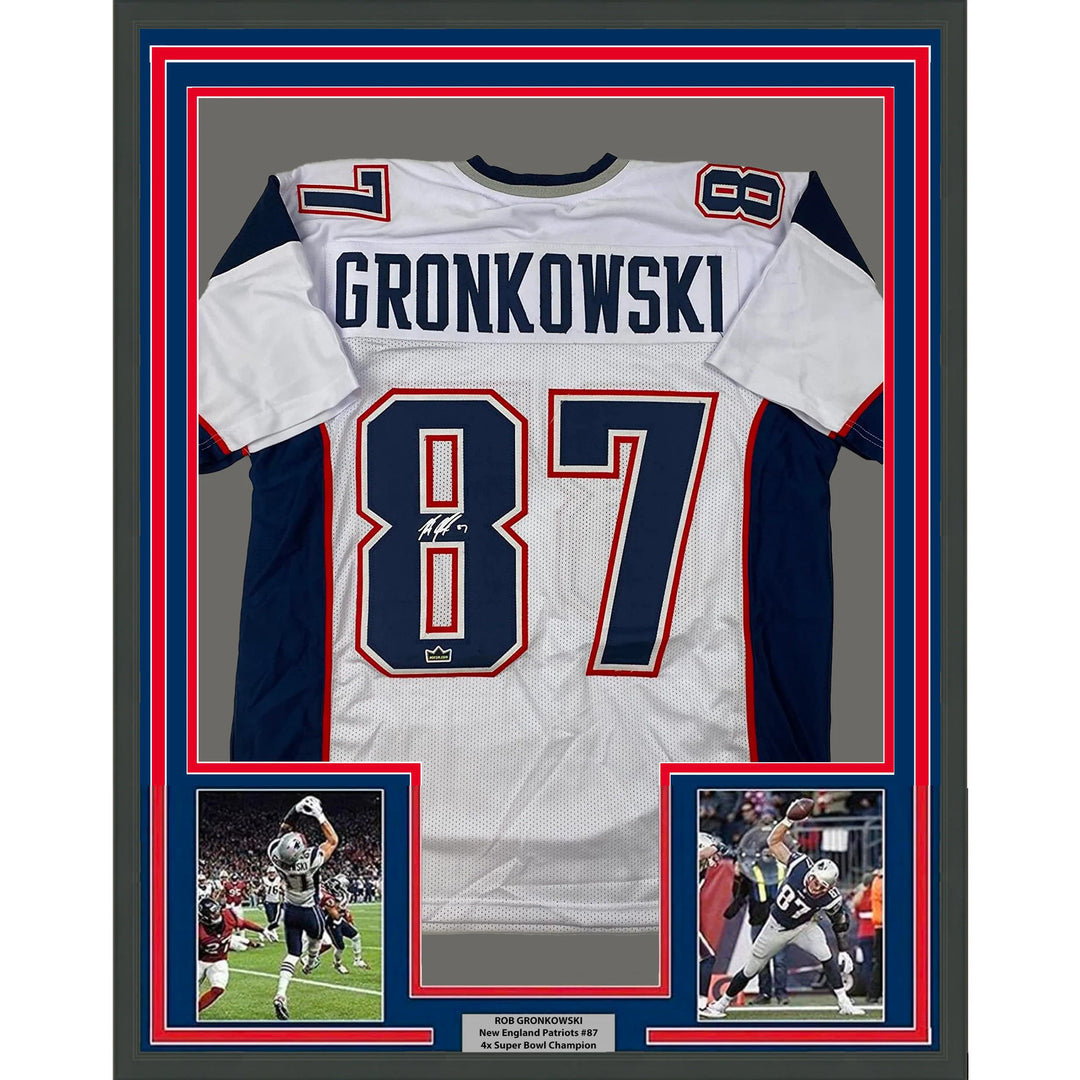 Framed Facsimile Autographed Rob Gronkowski 33x42 White Reprint Auto Jersey