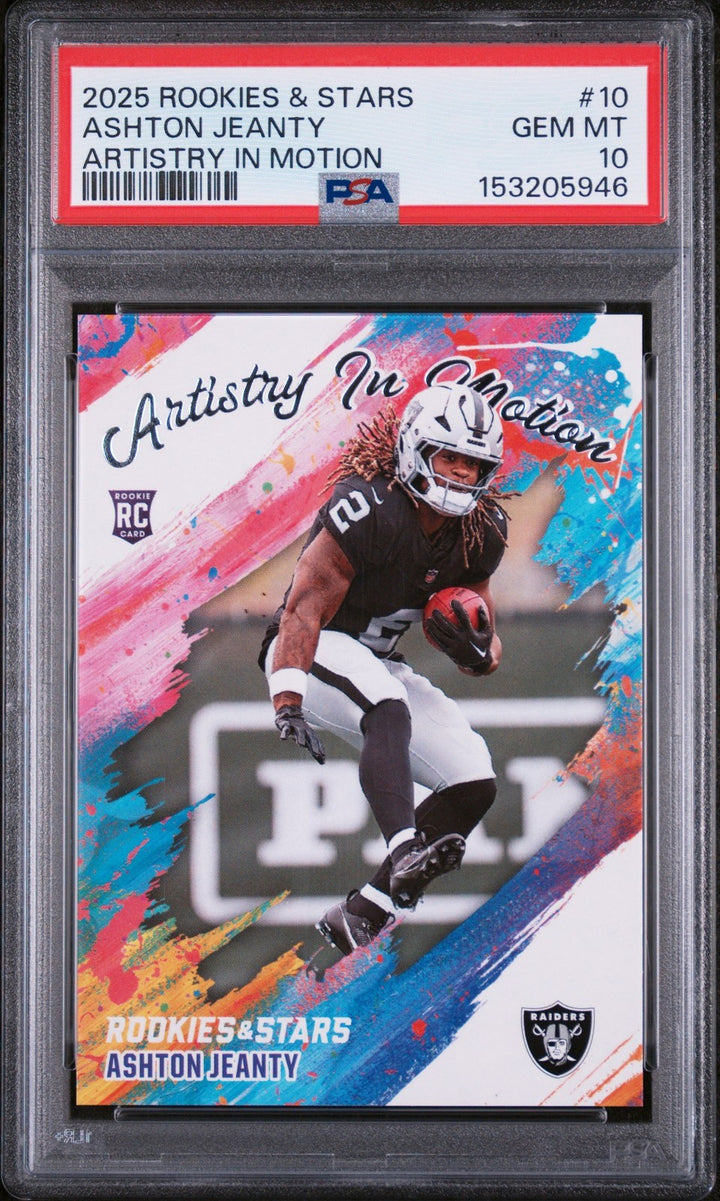 Graded 2025 Panini R&S Ashton Jeanty #10 Artistry in Motion RC Card PSA 10
