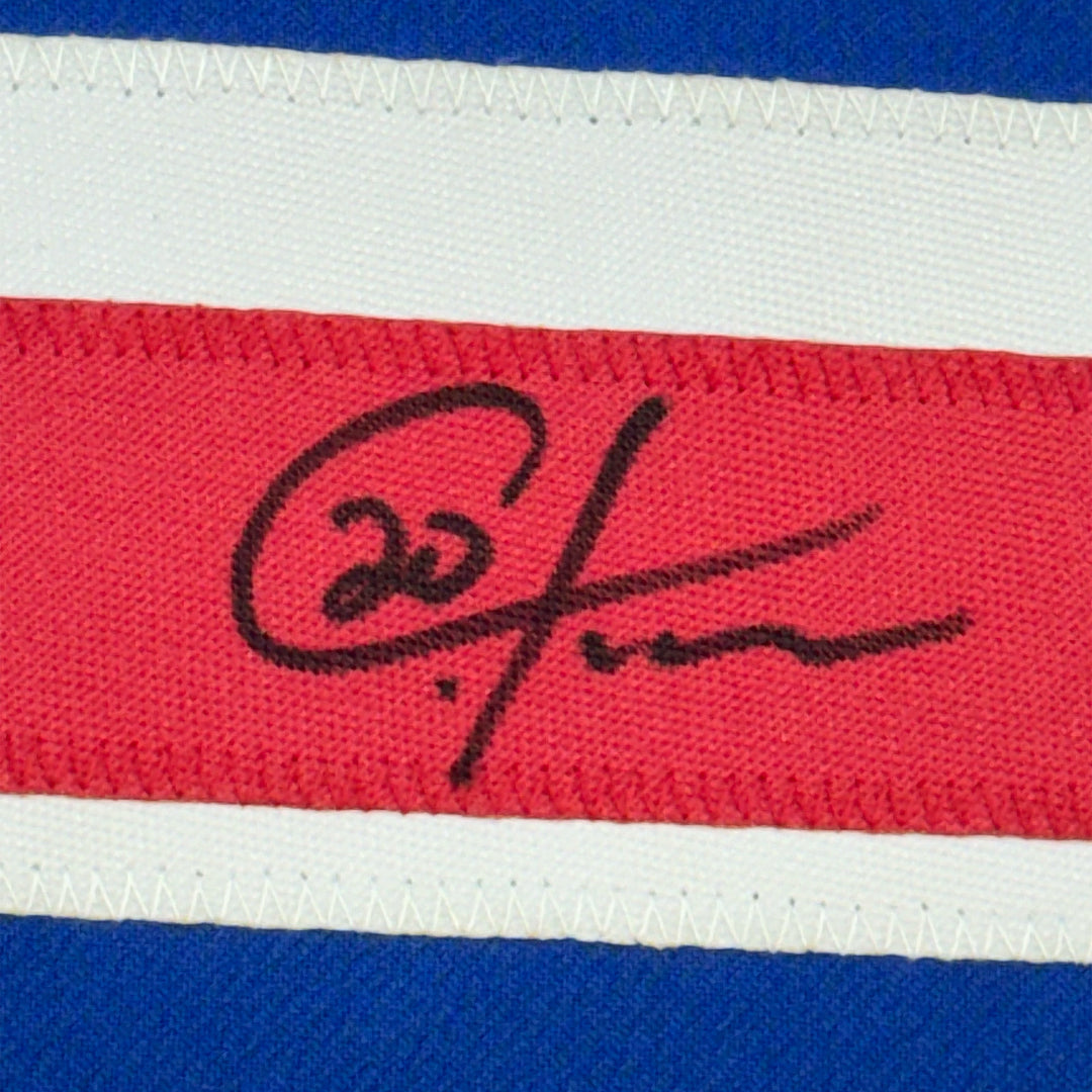 Framed Autographed/Signed Chris Kreider 35x39 New York Blue Jersey Beckett COA