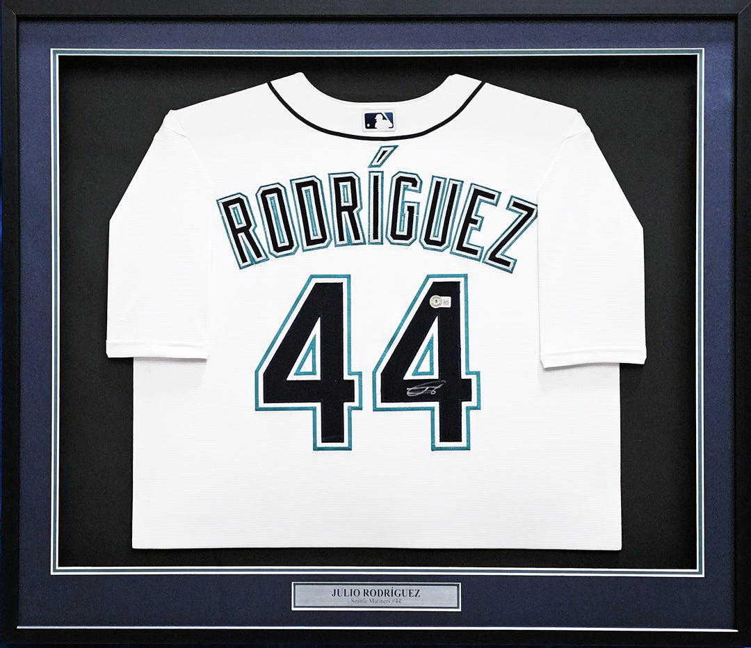 Seattle Mariners Julio Rodriguez Signed Framed White Nike Jersey Beckett BAS QR