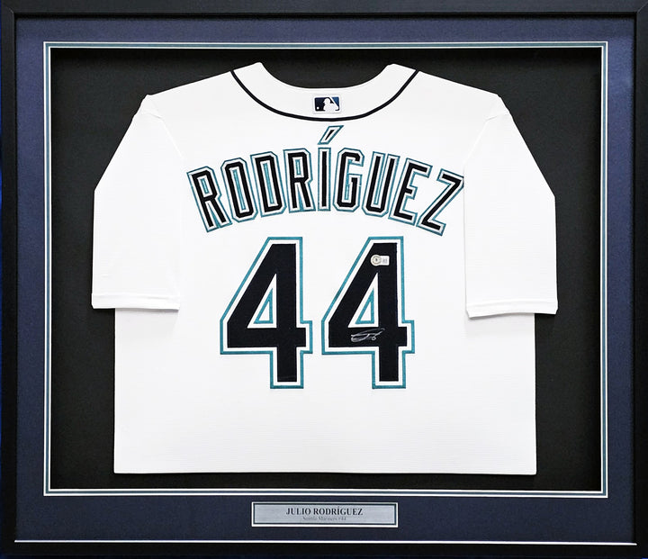 Seattle Mariners Julio Rodriguez Signed Framed White Nike Jersey Beckett BAS QR