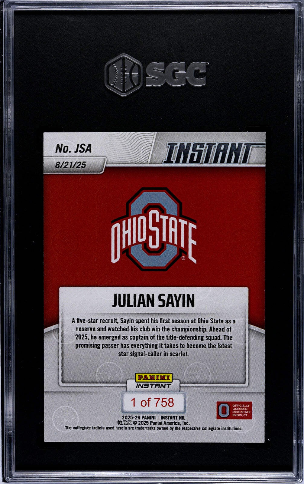 Graded 2025 Panini Instant NIL Julian Sayin #JSA Rookie RC Card SGC 10 Gem Mint