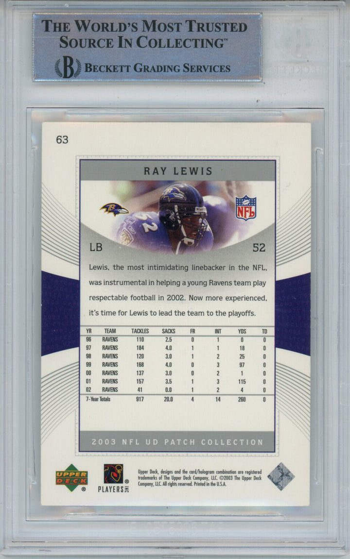 Ray Lewis Signed 2003 UD Patch Collection #63 Trading Card Beckett Slab 43361