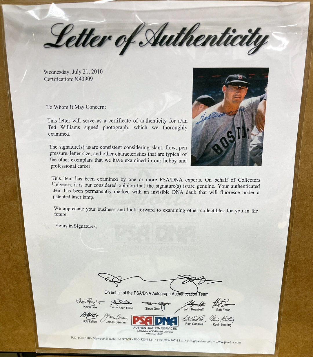 Ted Williams signed Boston Red Sox 16x20 Photo Custom Framed- PSA/Green Diamond