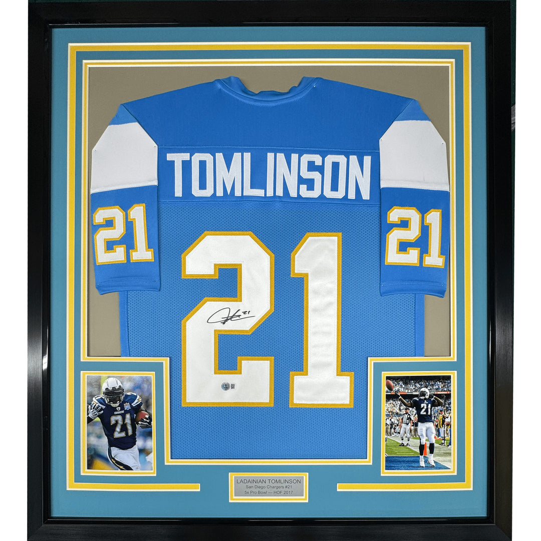 FRAMED Signed LADAINIAN TOMLINSON 35x39 Powder Blue Jersey JSA COA