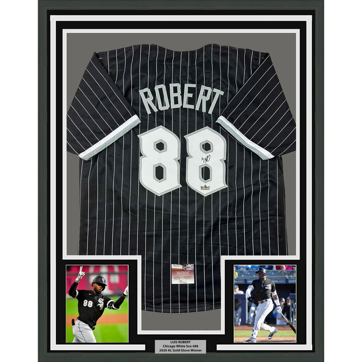 Framed Facsimile Autographed Luis Robert 33x42 Black Reprint Laser Auto Jersey