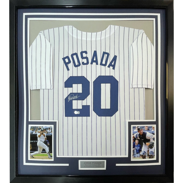 Framed Autographed/Signed Jorge Posada 33x42 New York Pinstripe Jersey COA