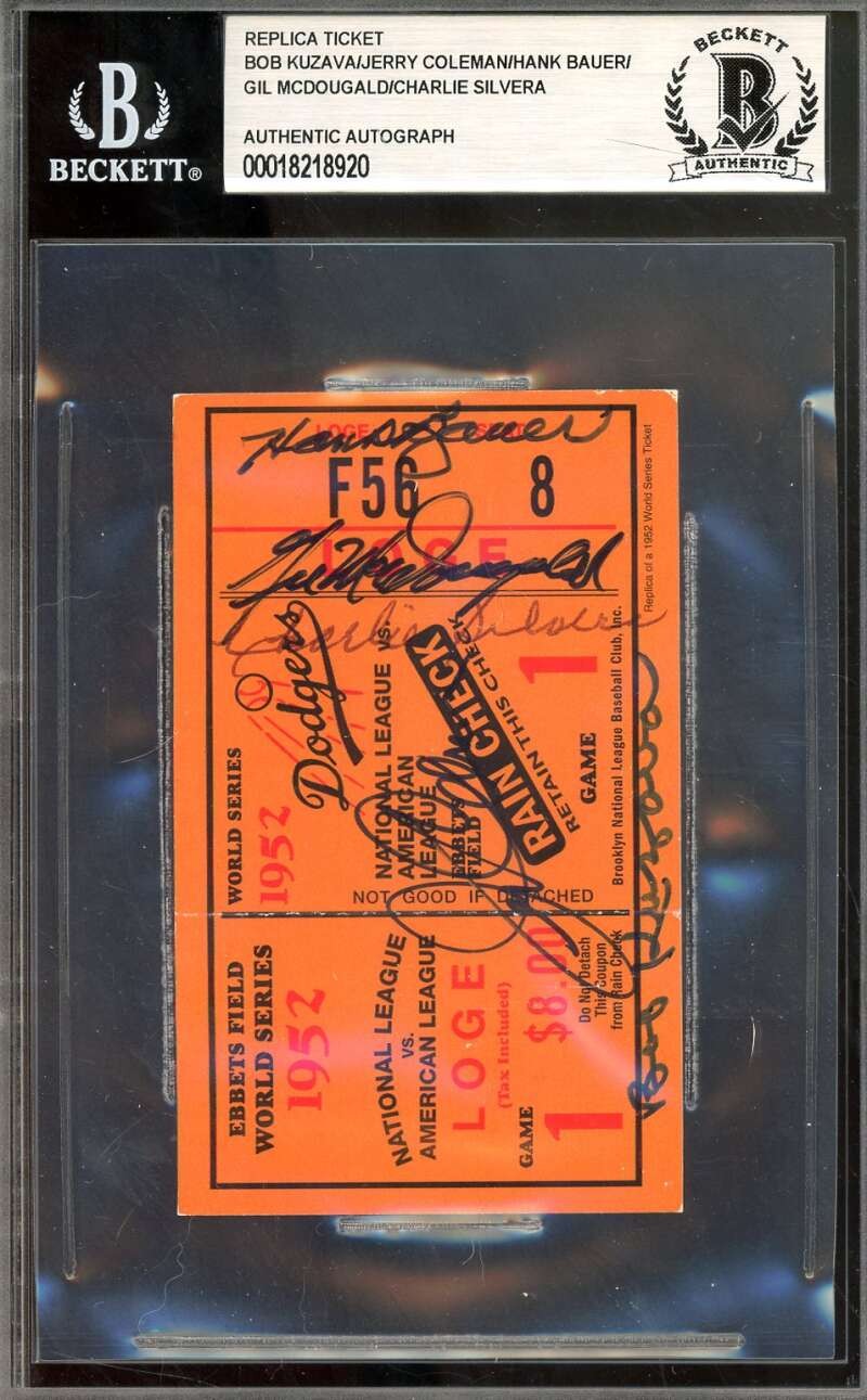 Kuzava Coleman Bauer McDougald Silvera Beckett Signed 5 1952 World Series Ticket