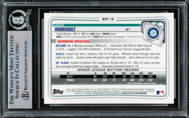 Julio Rodriguez Signed 2020 Bowman Chrome RC #BCP19 Seattle Mariners Beckett
