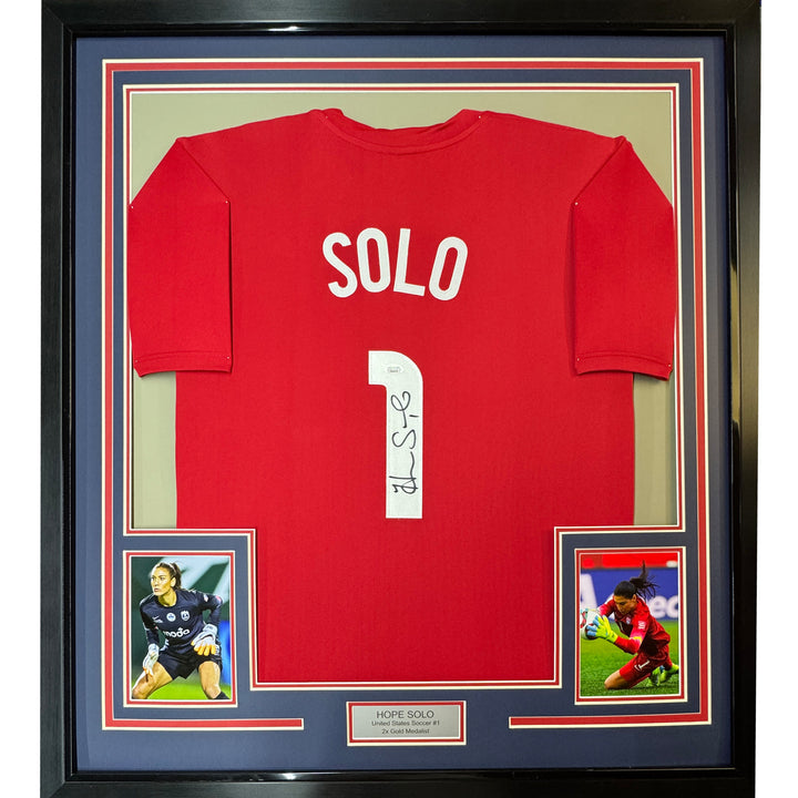 Framed Autographed/Signed Hope Solo 35x39 Red Team USA World Cup Jersey JSA COA