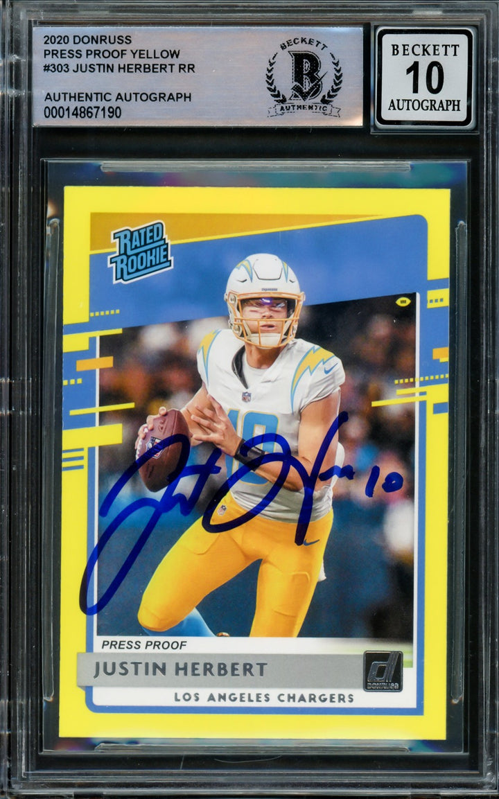 Justin Herbert Signed 2020 Panini Donruss Rated Yellow RC 303 Sig 10 Beckett