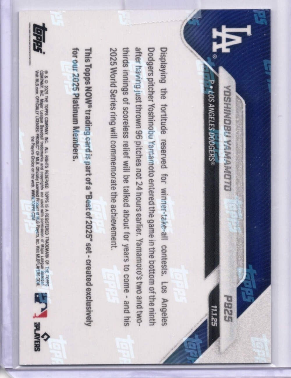 2025 Topps Now Yoshinobu Yamamoto #P925 Platinum Member Baseball Card