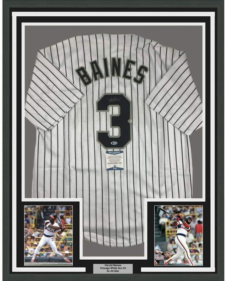 FRAMED Autographed/Signed HAROLD BAINES 33x42 Chicago Pinstripe Jersey BAS COA
