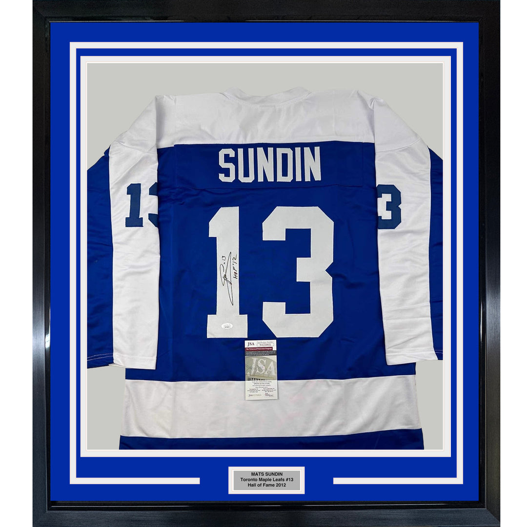 Framed Autographed/Signed Mats Sundin 33x42 HOF 12 Toronto Blue Jersey JSA COA