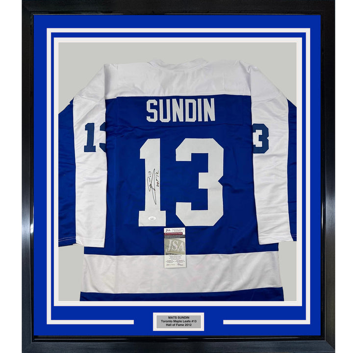 Framed Autographed/Signed Mats Sundin 33x42 HOF 12 Toronto Blue Jersey JSA COA