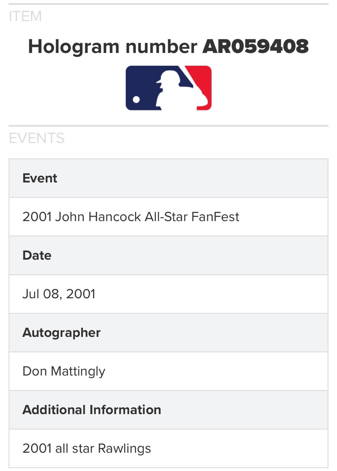 Don Mattingly Signed Official 2001 All Star Game Baseball Yankees Auto MLB COA