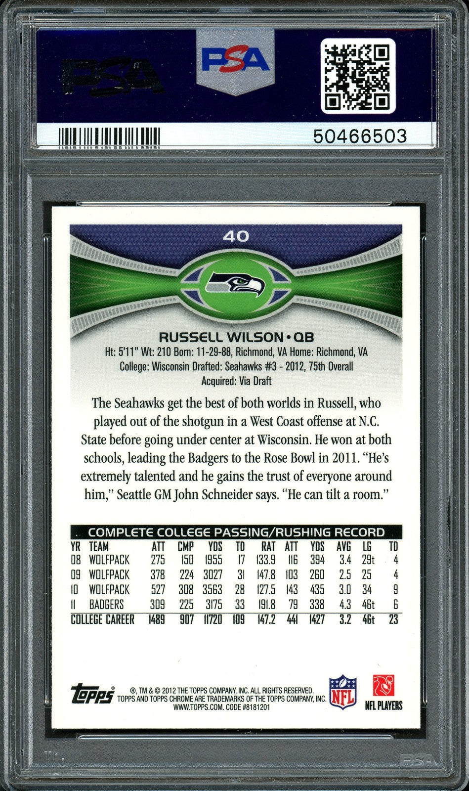 Russell Wilson Auto 2012 Topps Chrome RC 40 Seahawks Auto 9 Card Mint 9 PSA/DNA
