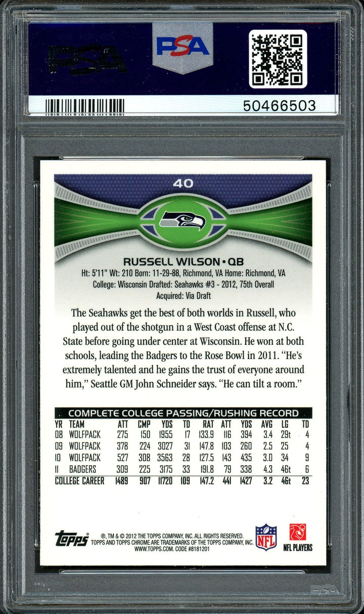 Russell Wilson Auto 2012 Topps Chrome RC 40 Seahawks Auto 9 Card Mint 9 PSA/DNA