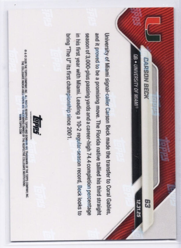 2025 Topps Bowman U Now Carson Beck #63 Gold Foil /50 Miami Rookie Card