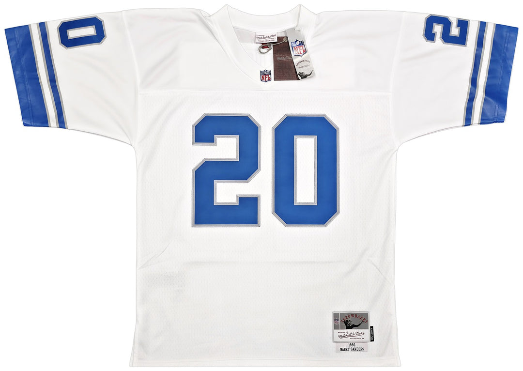 Lions Barry Sanders Auto White M&N 1996 NFL Legacy Throwback Jersey 48 Beckett