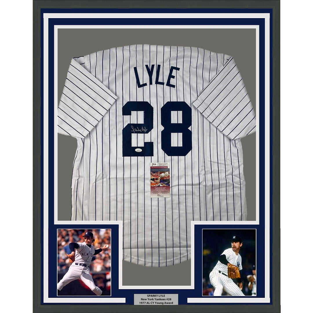 Framed Signed Sparky Lyle 35x39 New York Pinstripe Jersey JSA COA
