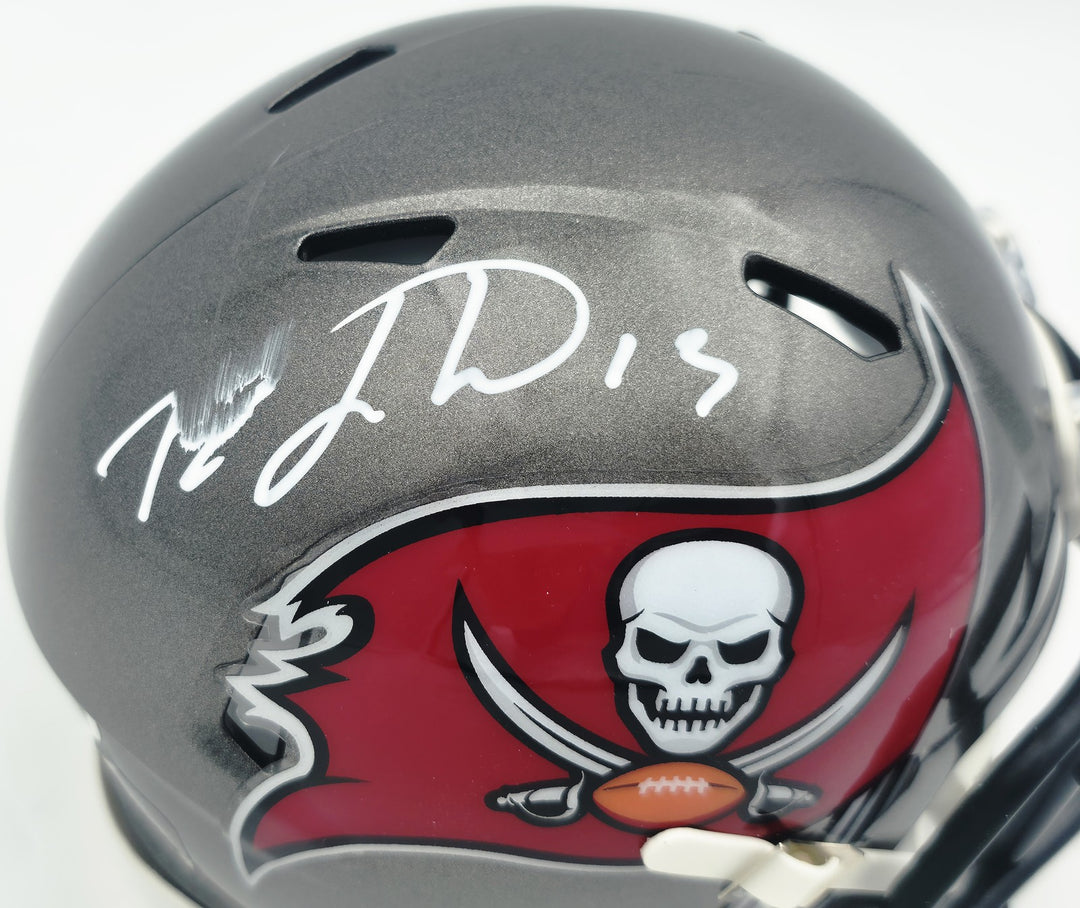 Tez Johnson Auto Buccaneers Silver Speed Mini Helmet (Smudged) JSA Witness