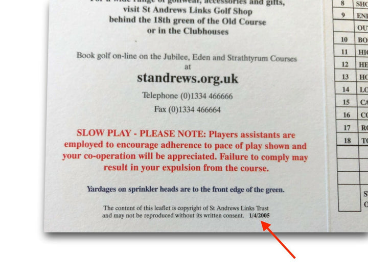 2005 St. Andrews Jack Nicklaus "Last Open" Authentic Old Course Unused Scorecard
