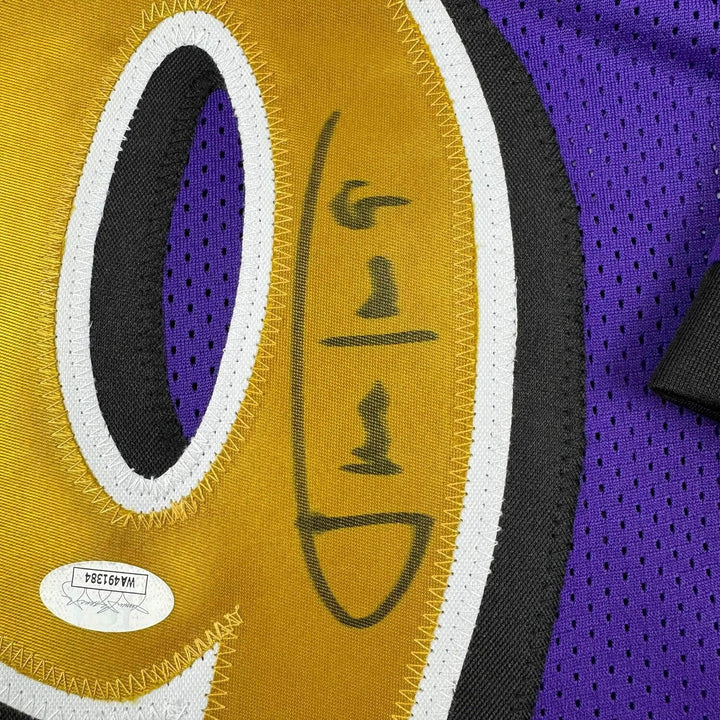 Framed Autographed/Signed Justin Tucker 33x42 Purple Color Rush Jersey JSA COA