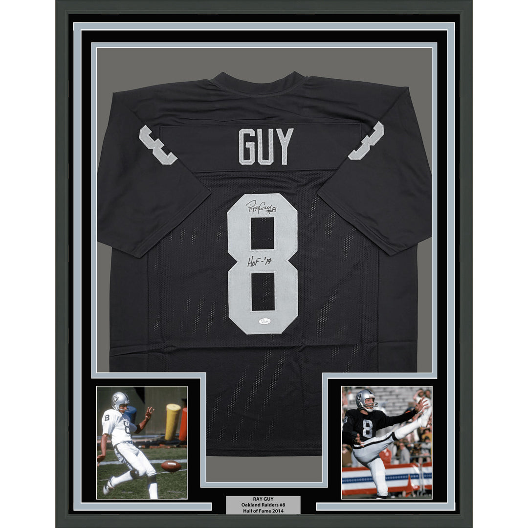 Framed Autographed Ray Guy HOF 35x39 Oakland LV Black Football Jersey JSA COA