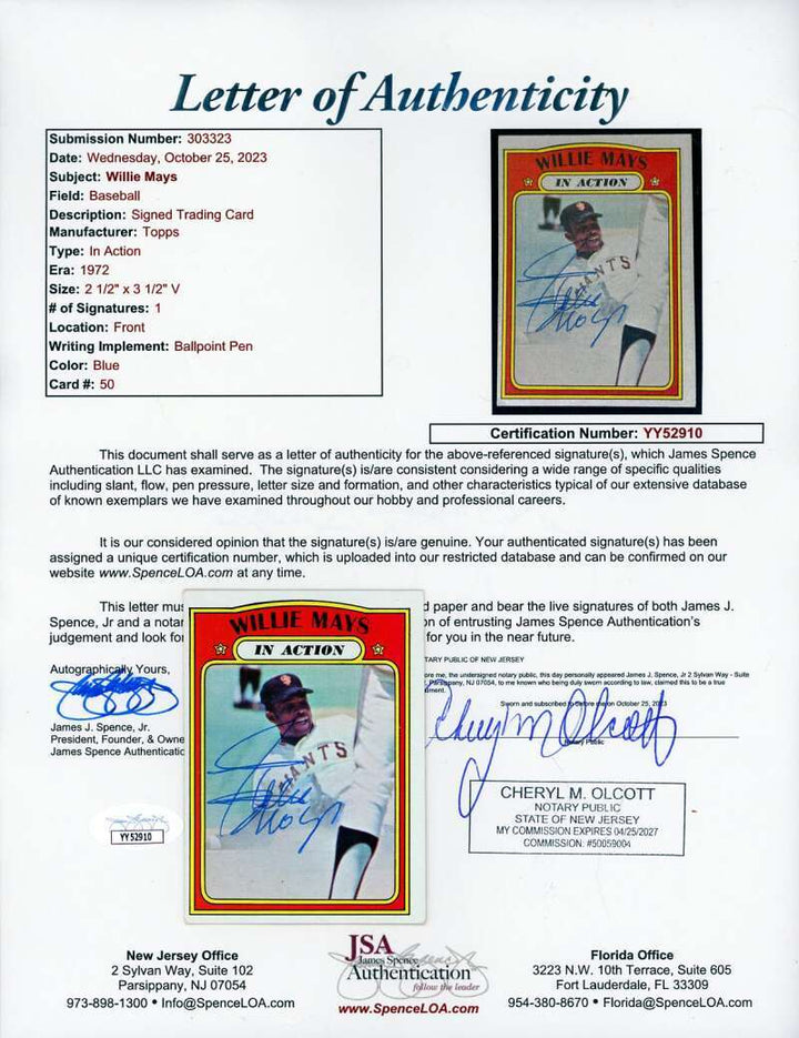 Willie Mays JSA Coa Signed 1972 Topps In Action Autograph