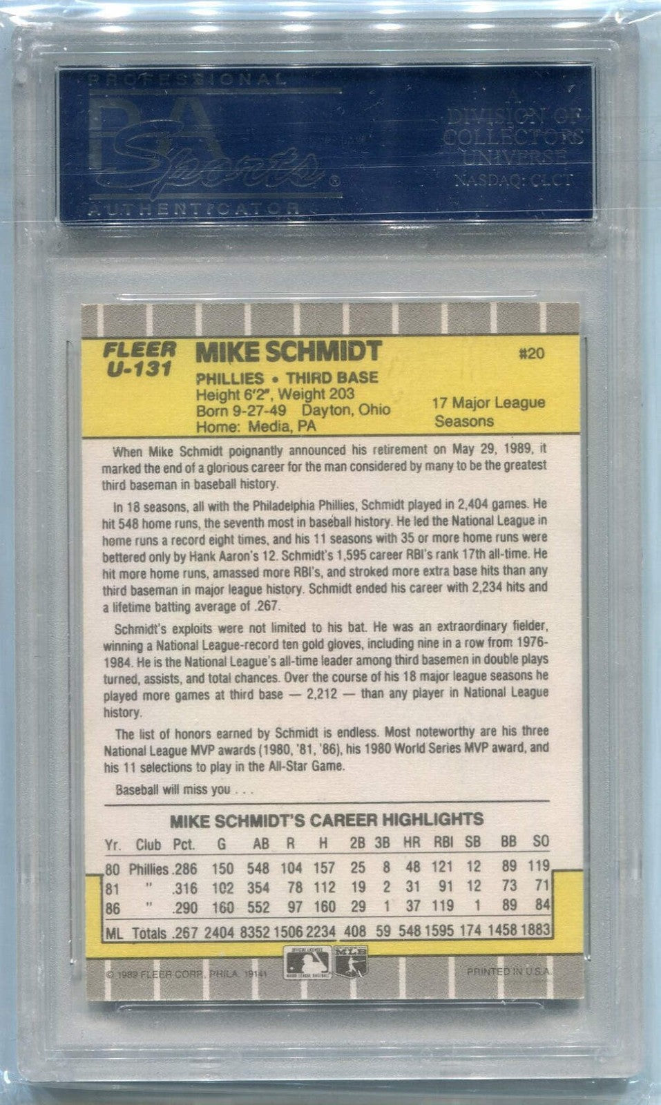 Mike Schmidt 1989 Fleer Update Autographed Card PSA/DNA Certified