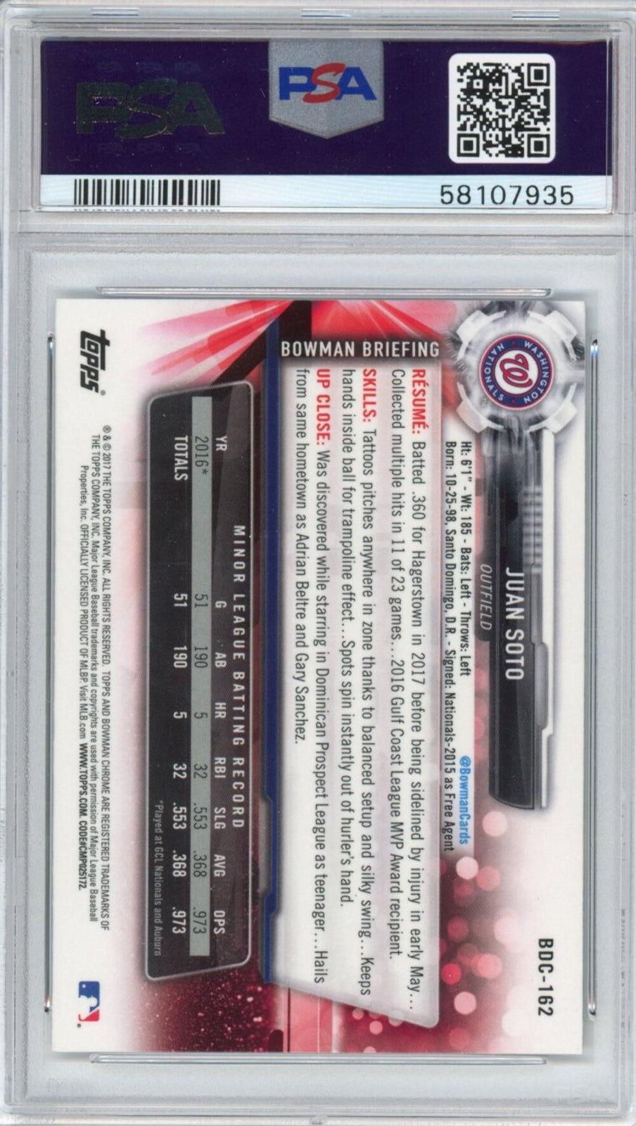 Graded 2017 Bowman Draft Chrome Juan Soto #BDC162 Rookie Card PSA 10 Mint