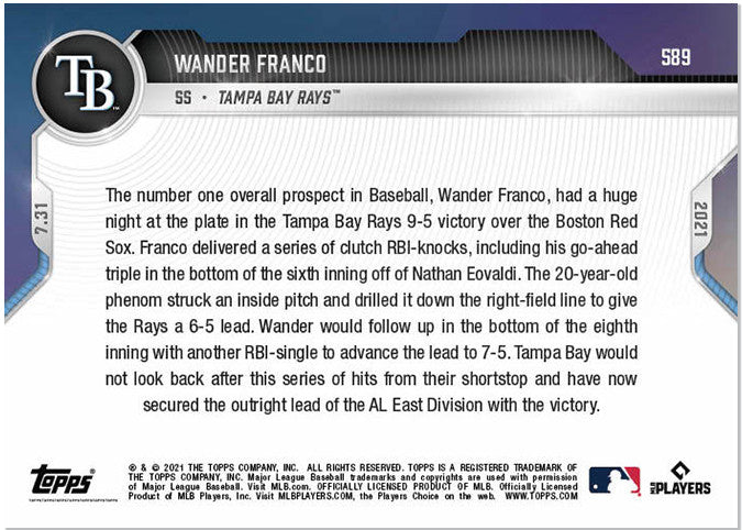 WANDER FRANCO GO AHEAD TRIPLE LIFTS RAYS INTO 1st IN AL EAST TOPPS NOW CARD #589