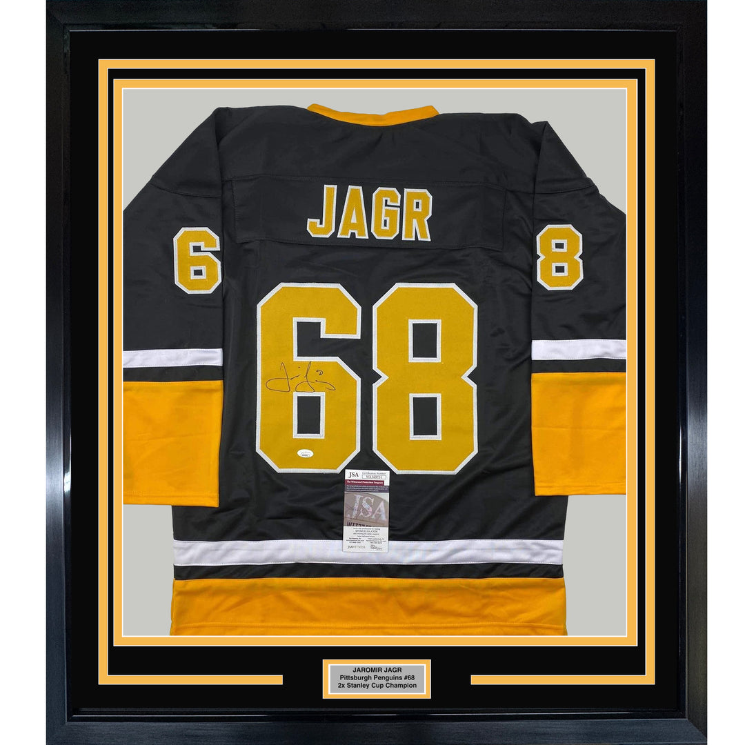Framed Autographed/Signed Jaromir Jagr 33x42 Pittsburgh Black Jersey JSA COA