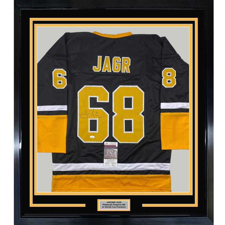 Framed Autographed/Signed Jaromir Jagr 33x42 Pittsburgh Black Jersey JSA COA
