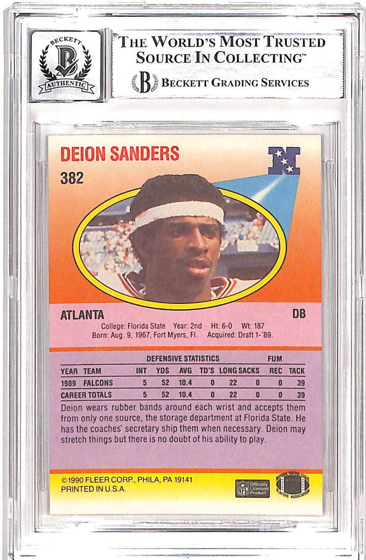 Deion Sanders Signed 1990 Fleer #382 Trading Card 10 Auto Beckett 42657